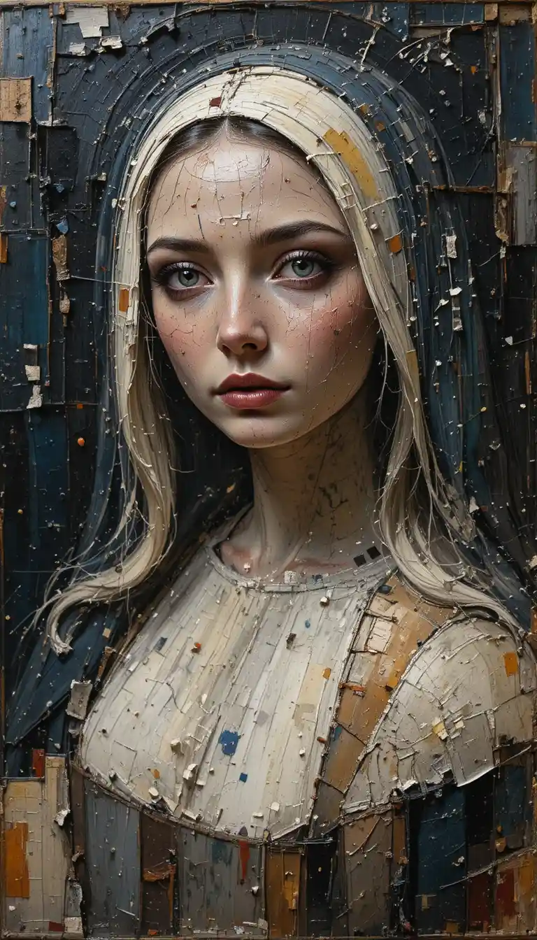 Pintura abstracta en impasto de una bella monja sobre lienzo