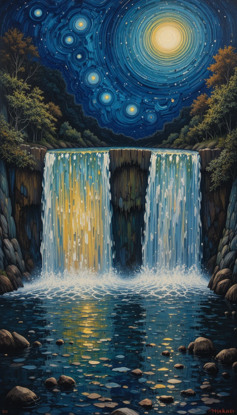 Cataratas gemelas que desembocan en un río surrealista de noche