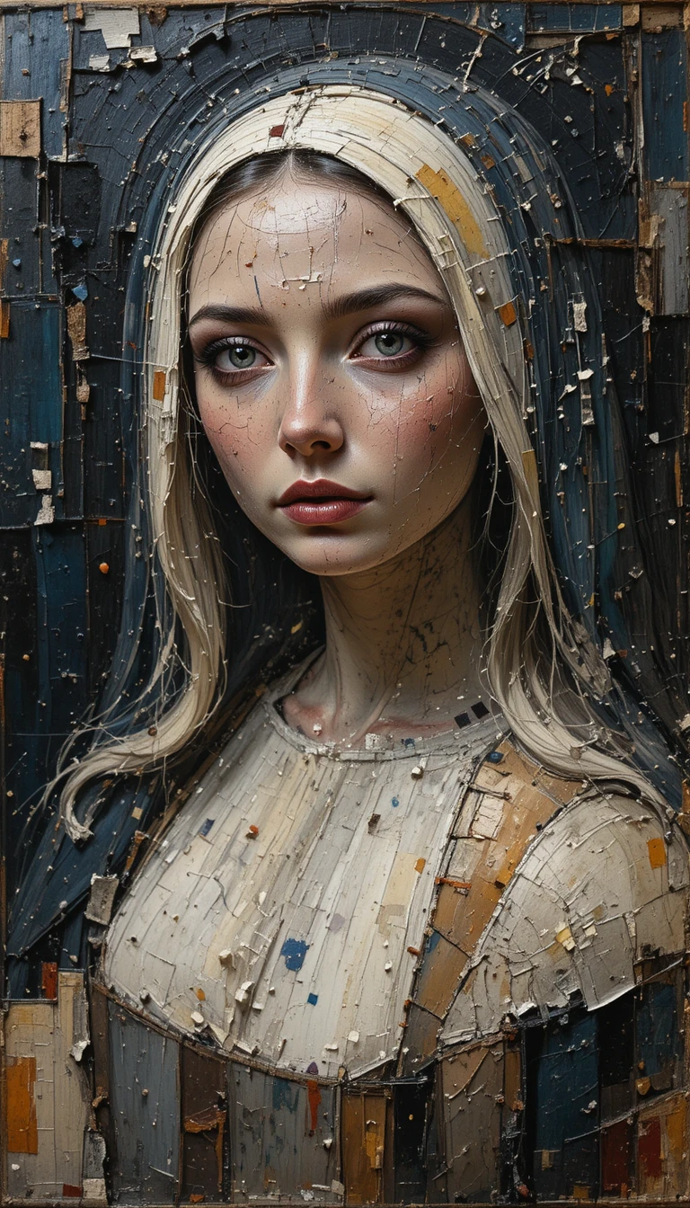 Pintura abstracta en impasto de una bella monja sobre lienzo