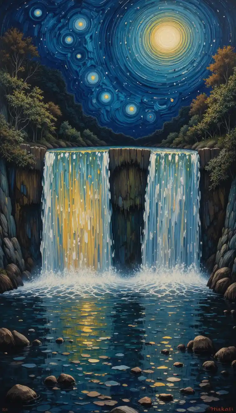 Cataratas gemelas que desembocan en un río surrealista de noche