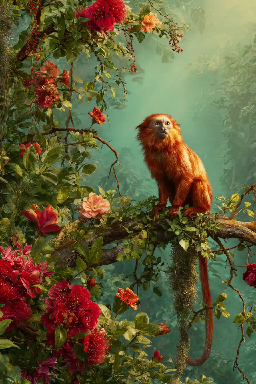 Red capuchin monkey on branch in lush tropical forest