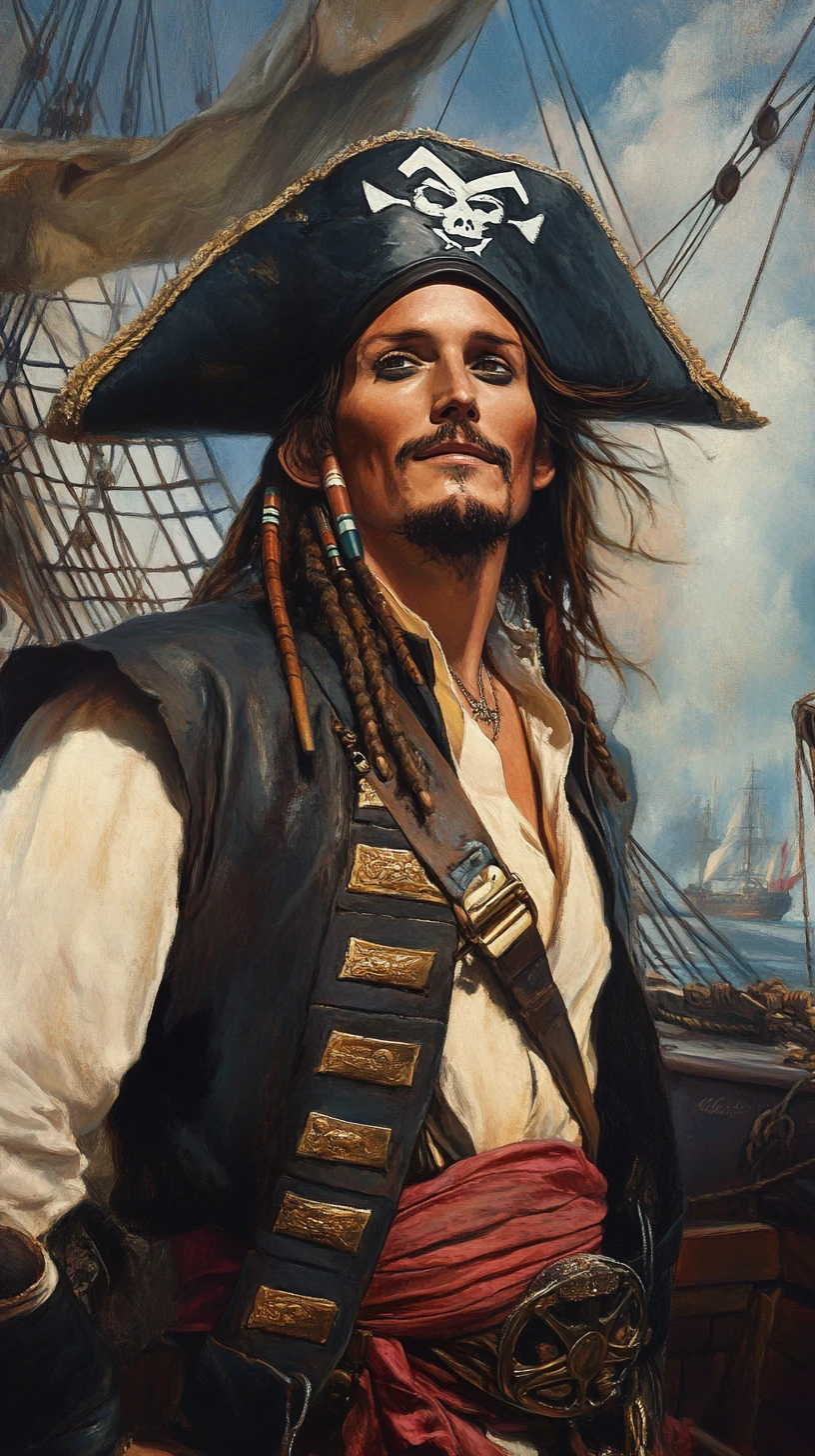 Fantasy pirate captain standing before a grand sailing ship