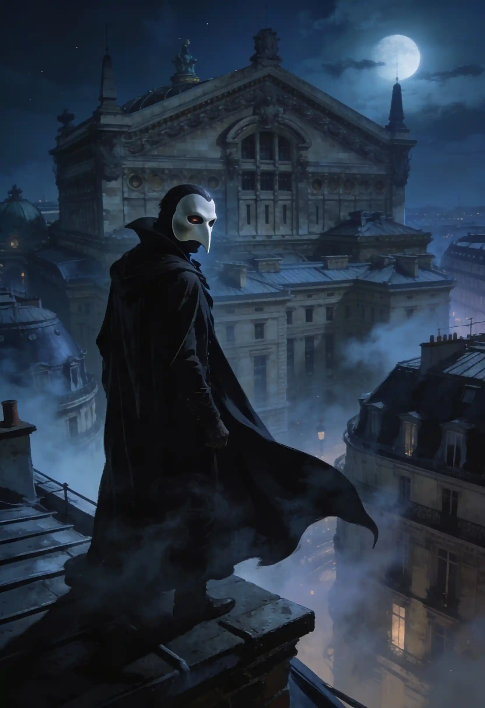Fantasma enmascarado sobre tejados brumosos junto a la ópera
