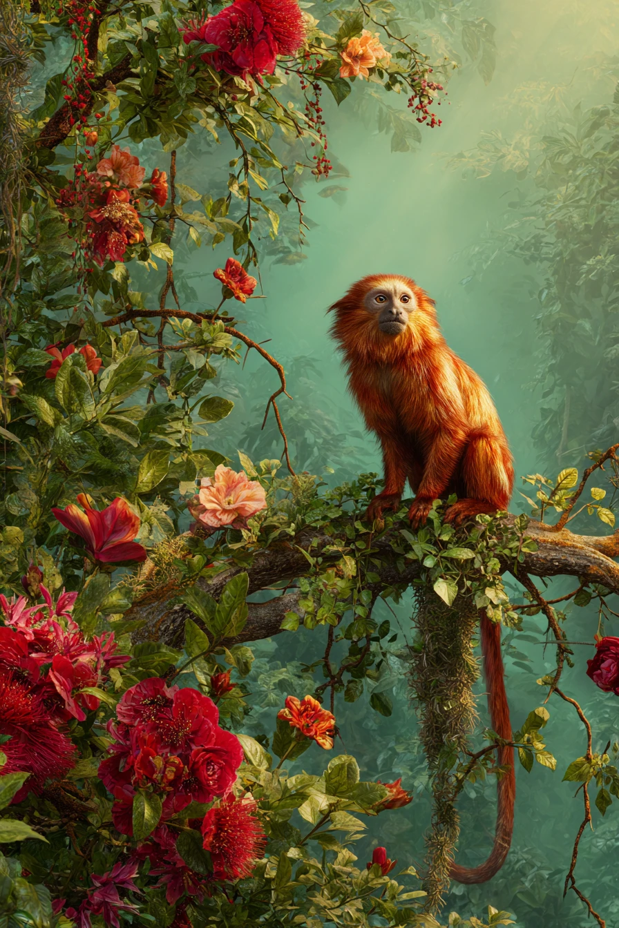 Red capuchin monkey on branch in lush tropical forest