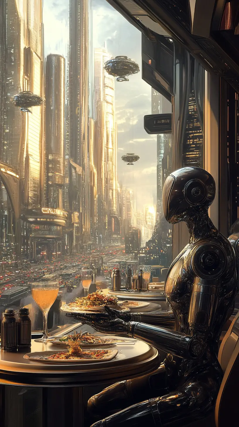 Robot waiters serving floating dishes in futuristic restaurant