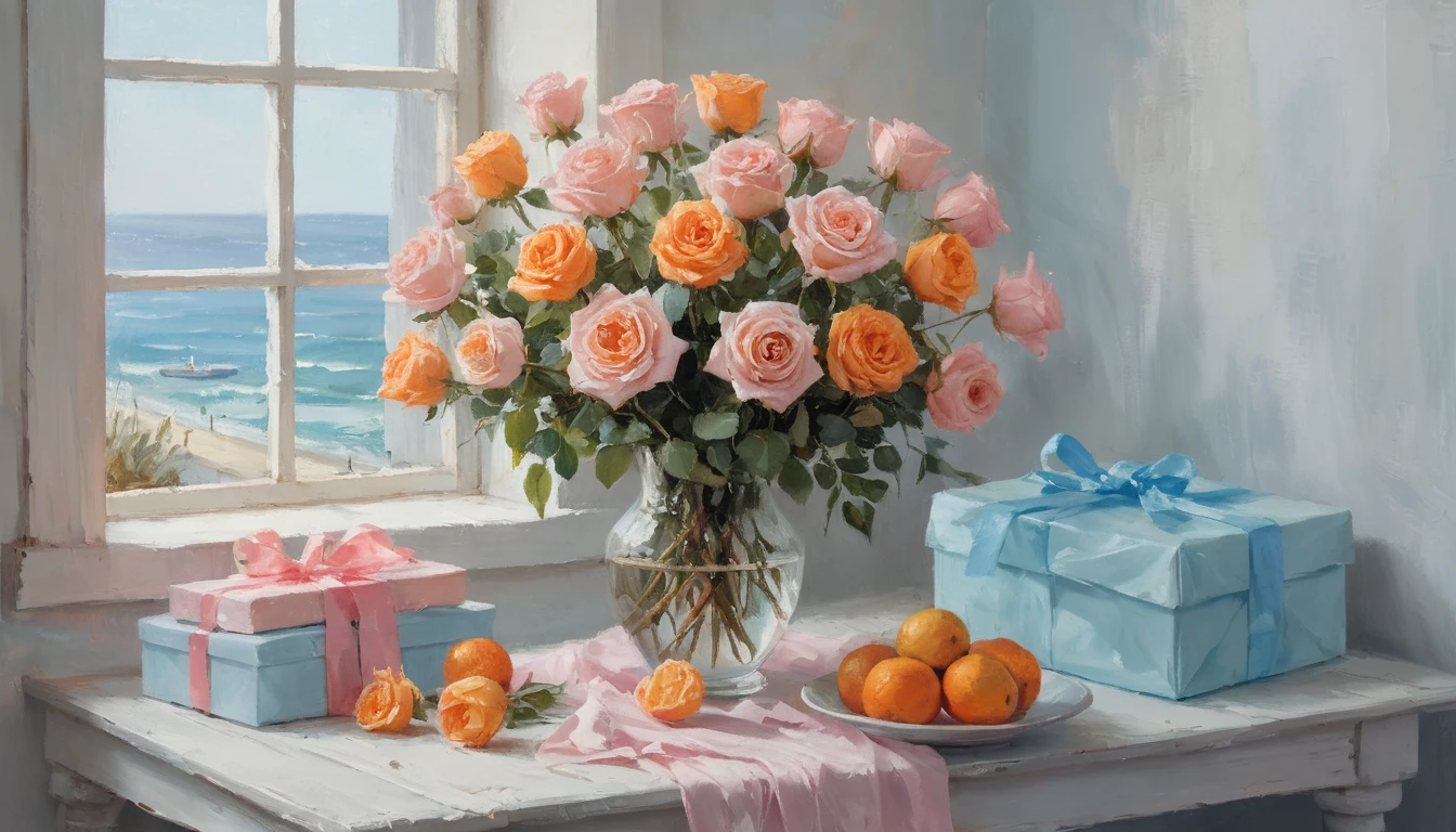Ramo de rosas y regalos en tonos pastel sobre mesa de madera blanca
