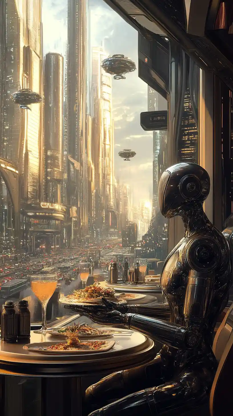 Garçons robôs servindo pratos flutuantes em restaurante futurista