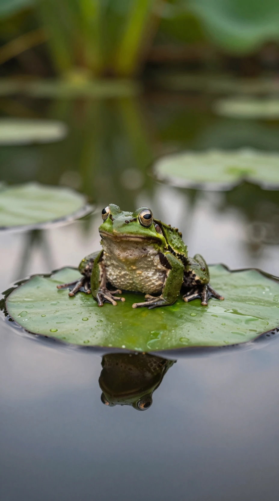 Frosch ruht auf einem Seerosenblatt in einem ruhigen, spiegelnden Teich