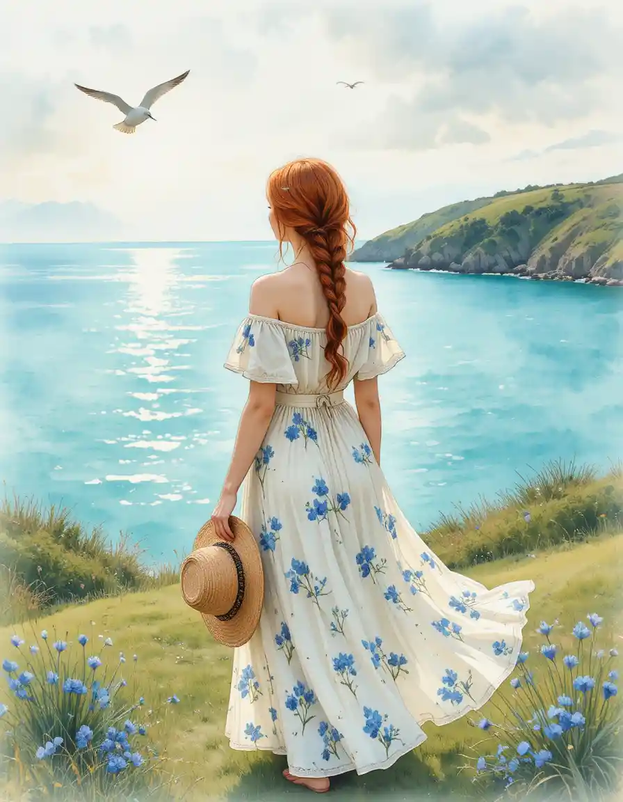 Woman on a grassy hill overlooking a turquoise sea