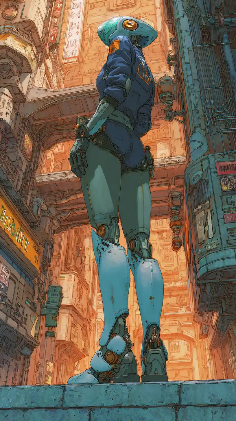 Cybernetic police woman at alien city crime scene