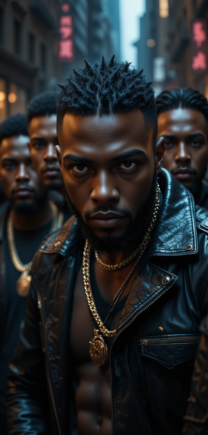 Close up of urban gangsters in dramatic city lighting
