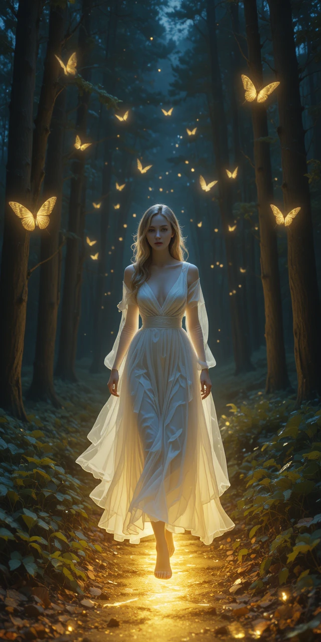 Ghostly woman walking barefoot along a glowing forest path