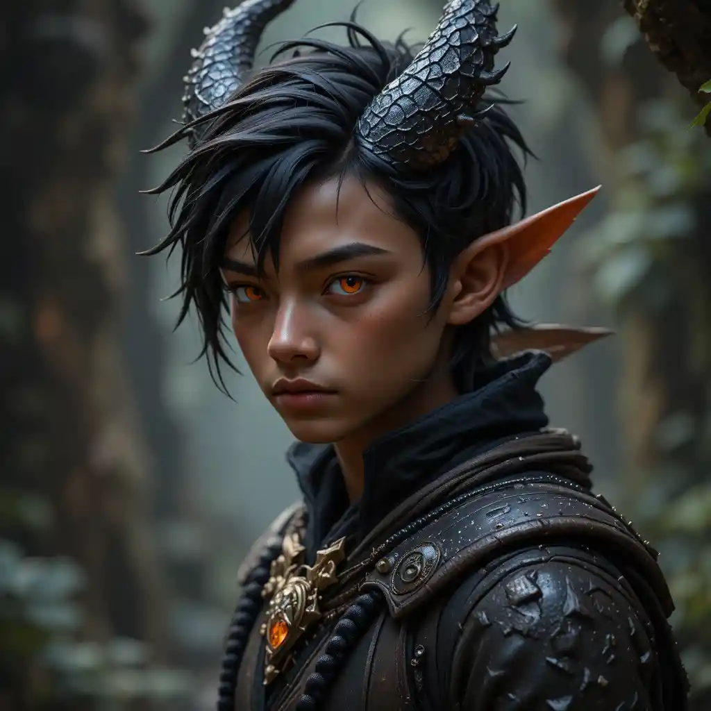 Brown skinned teenage dragon werewolf boy with orange eyes