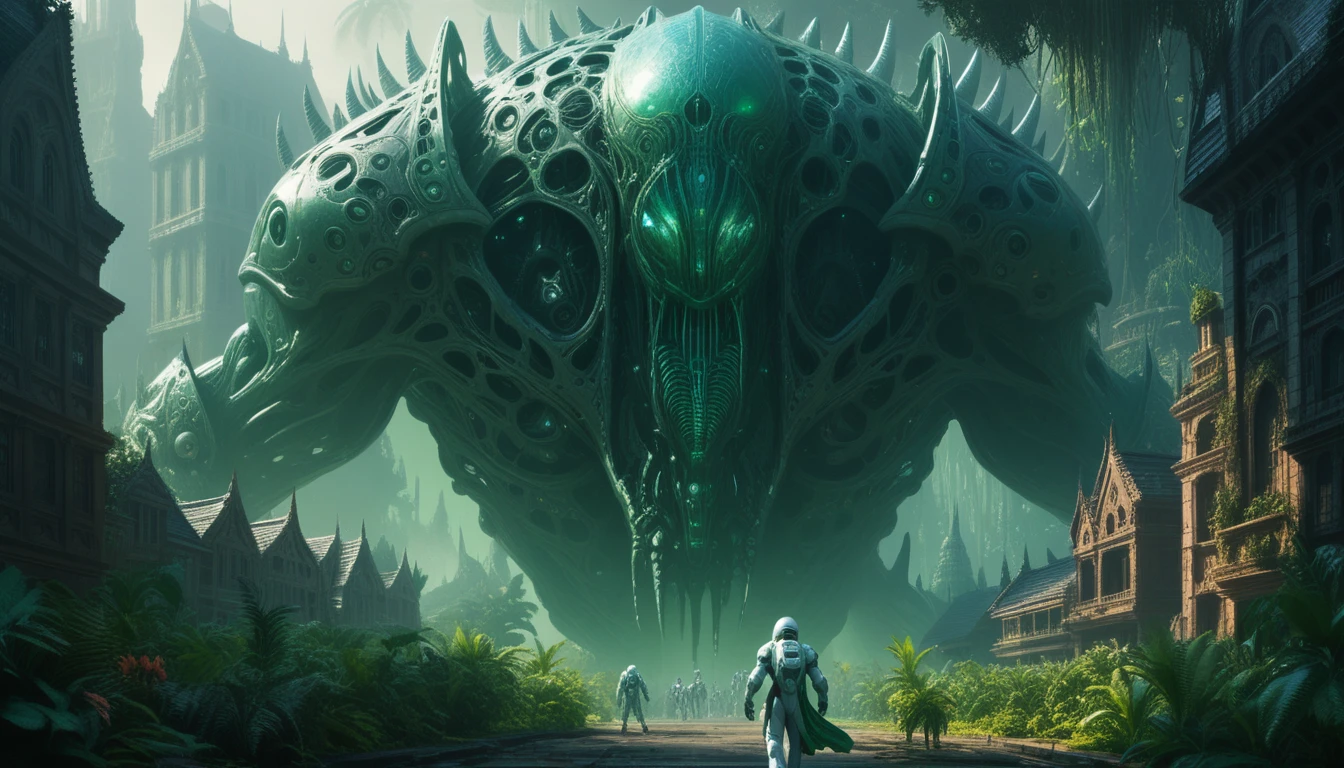 Gigantic biomechanical alien towering over tiny spacemen