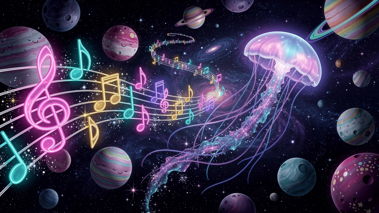 Notas musicales de neón girando por un cielo cósmico de ensueño
