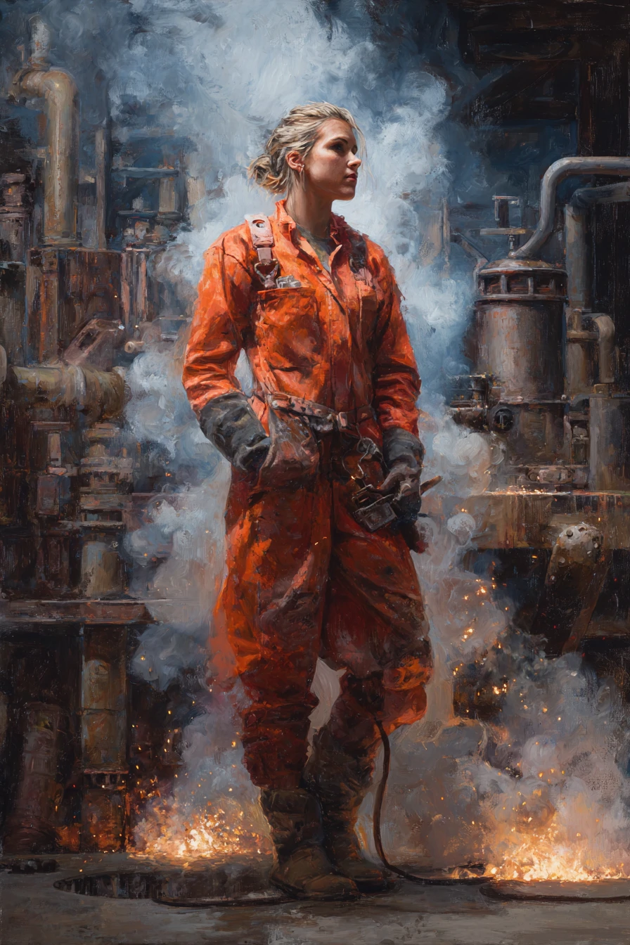 穿橘色連身工作服的女焊工在工廠中濺起火花
