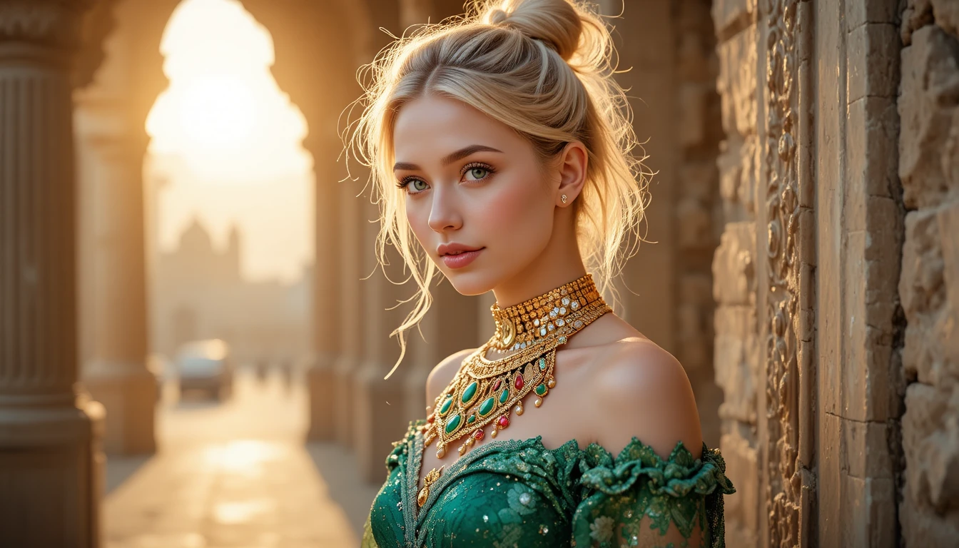 Chica rubia sonriente con vestido verde en la hora dorada