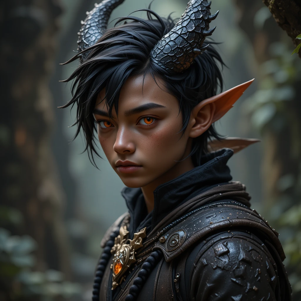 Brown skinned teenage dragon werewolf boy with orange eyes