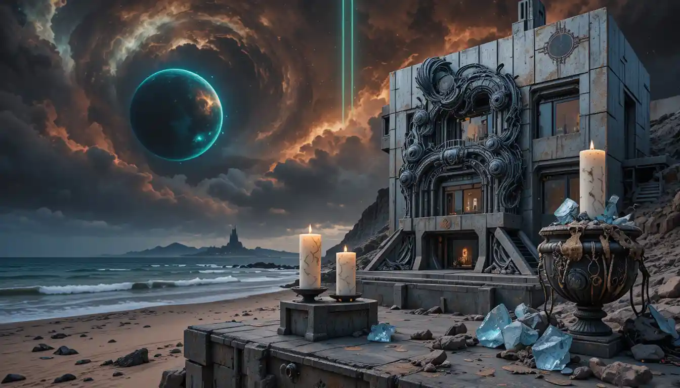 Futuristischer Strandturm mit spiegelndem Meereshimmel