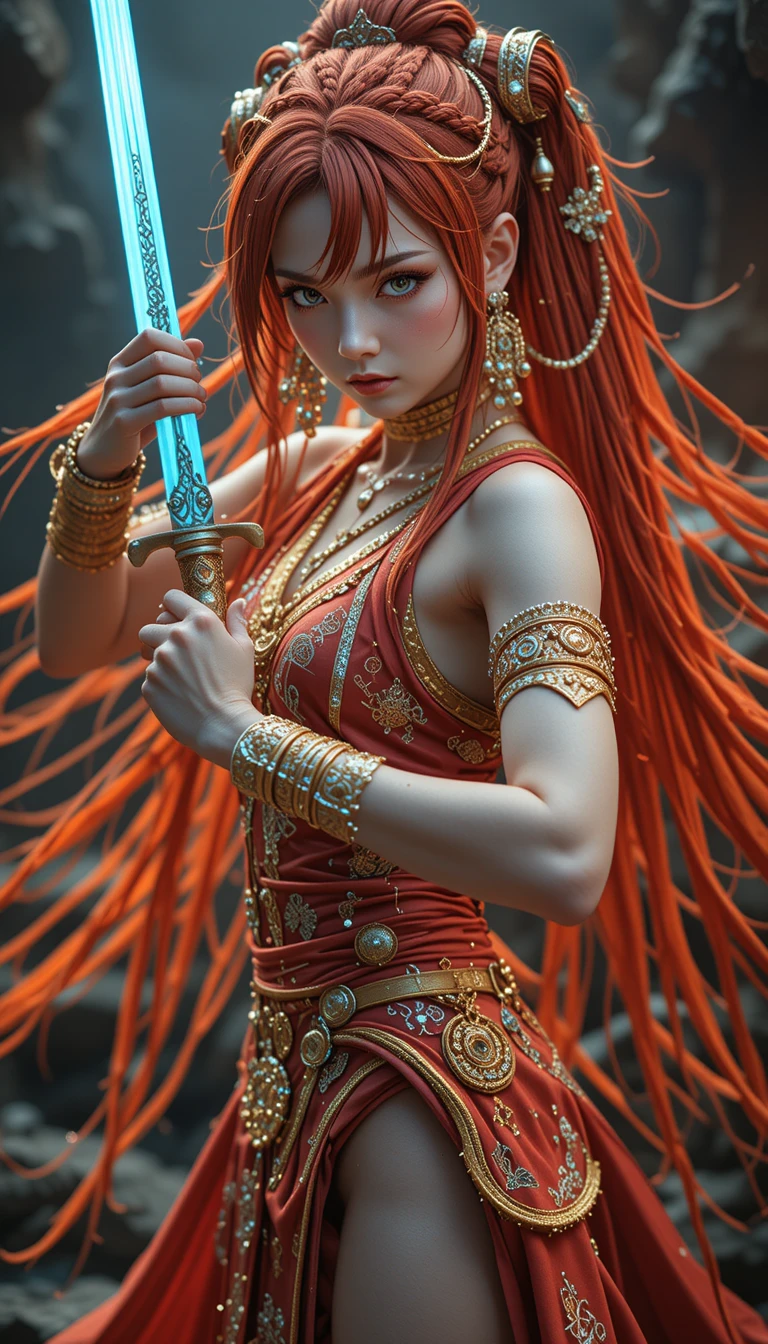擁有發光符文與武士刀的外星女祭司戰士
