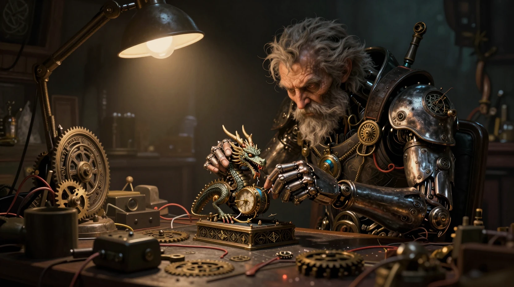Lutin cybernétique fabriquant un minuscule dragon mécanique