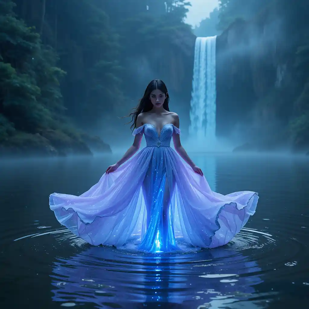 Serene woman in lavender gown glowing in mystical lake