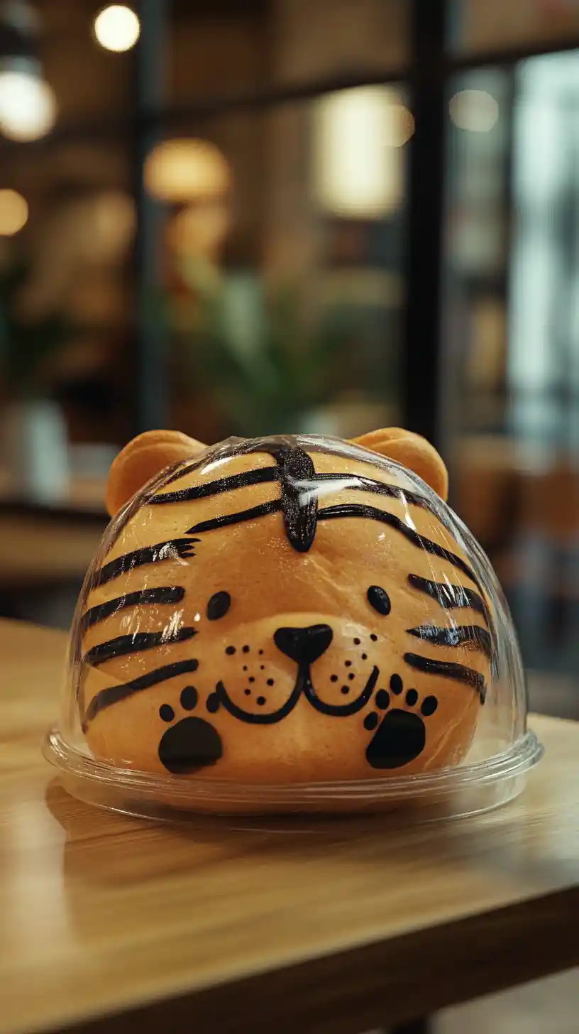 Pãozinho em forma de tigre fofo em embalagem plástica transparente