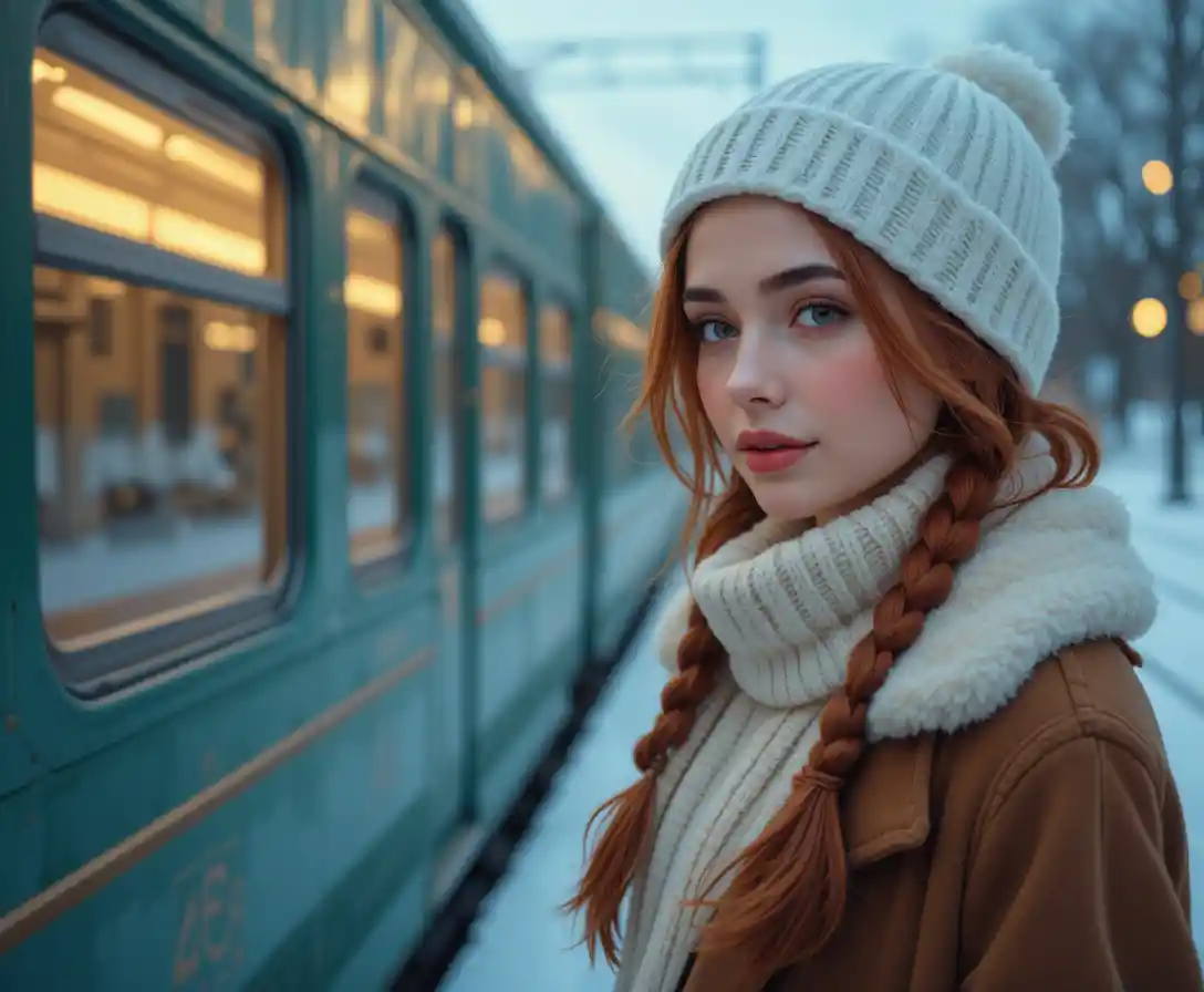 Frau mit roten Zöpfen auf verschneitem Winterbahnsteig