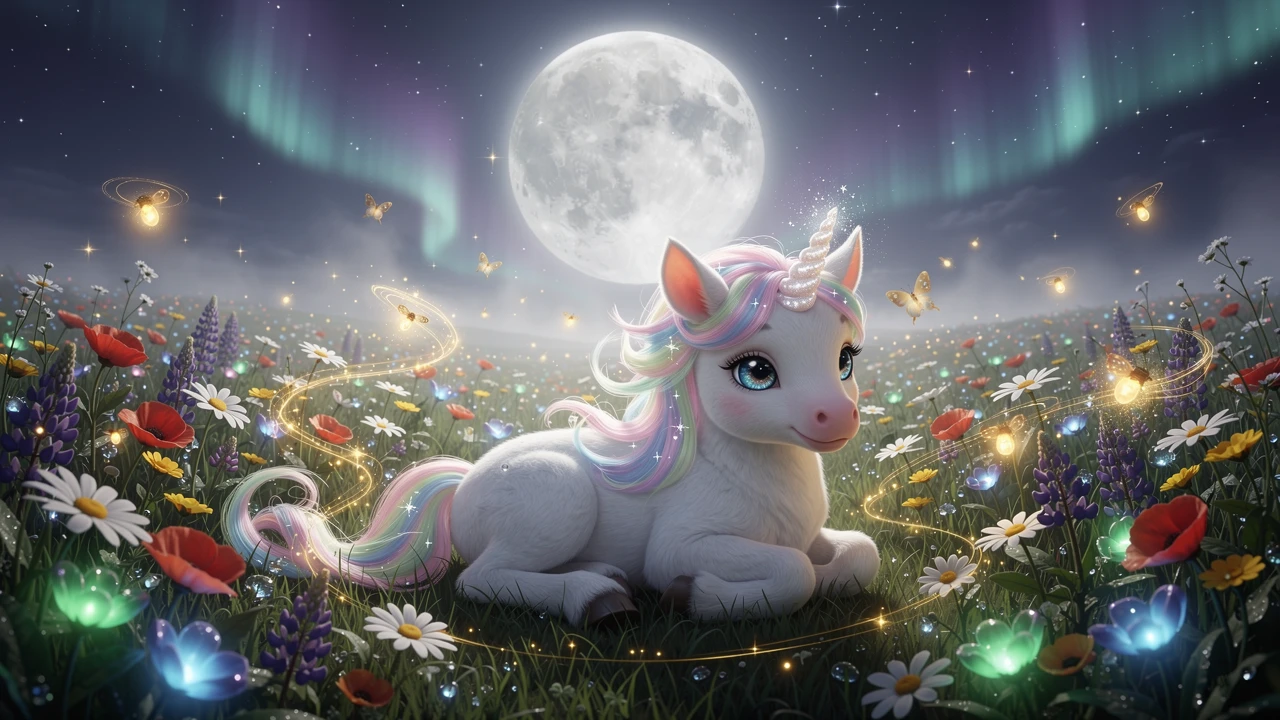 Bébé licorne se reposant dans un pré fleuri féerique au clair de lune