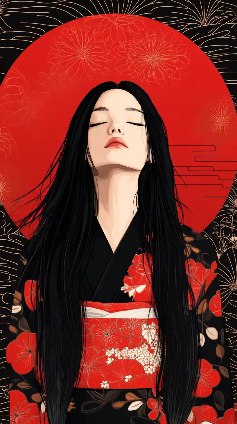 Donna giapponese in kimono che medita in stile ukiyo-e minimalista