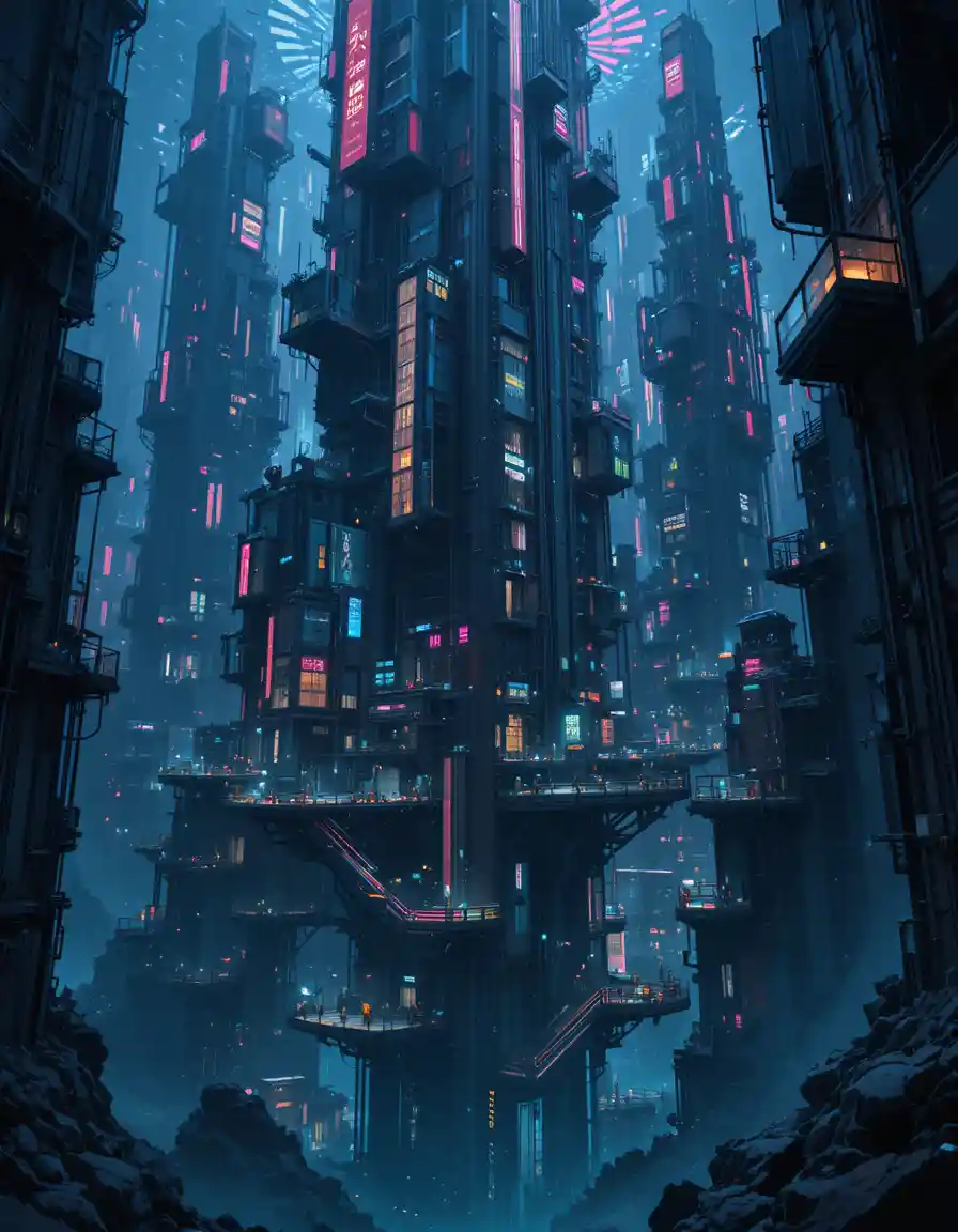 Futuristic skyscraper city plunging into a dark ocean