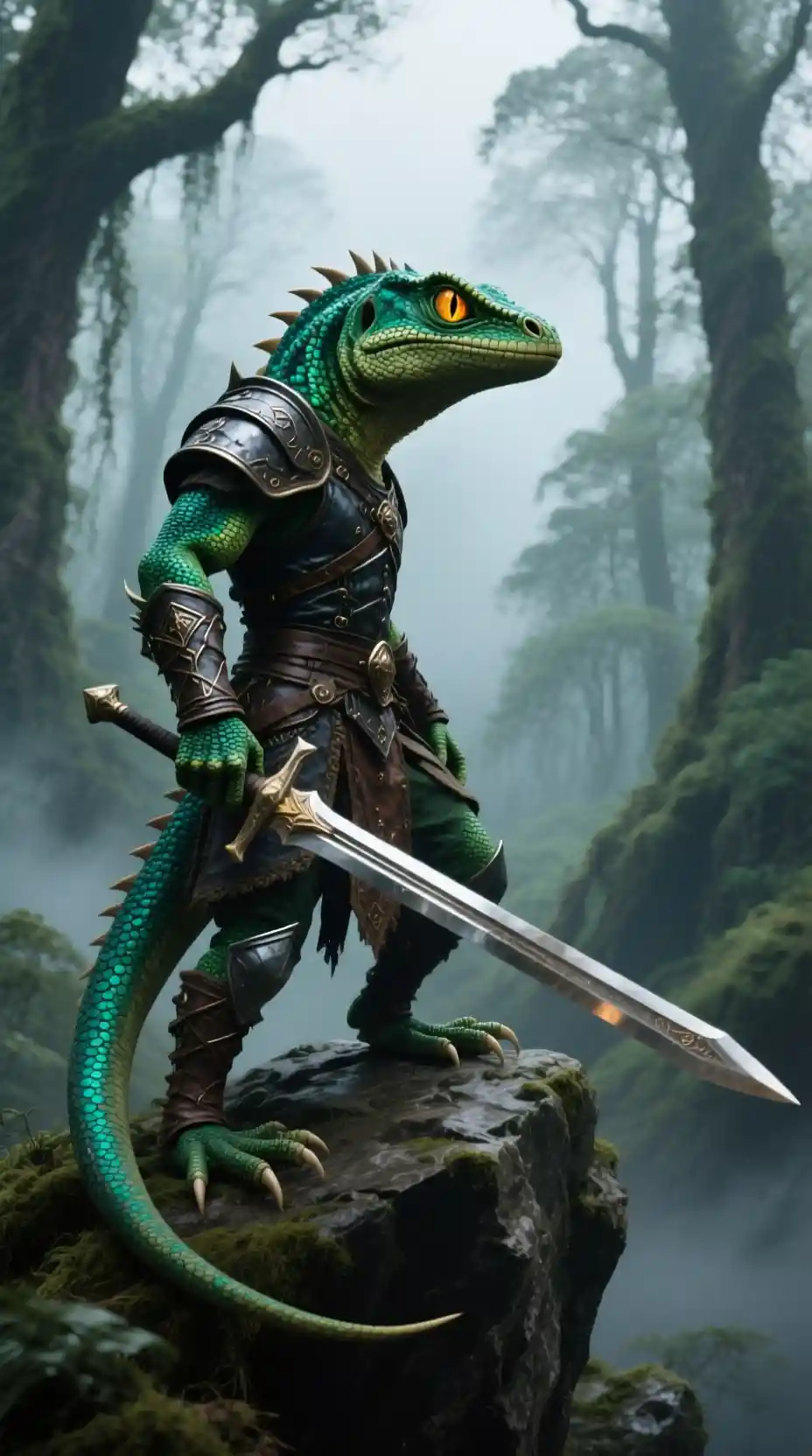Lizard warrior on rocky peak above ancient misty forest