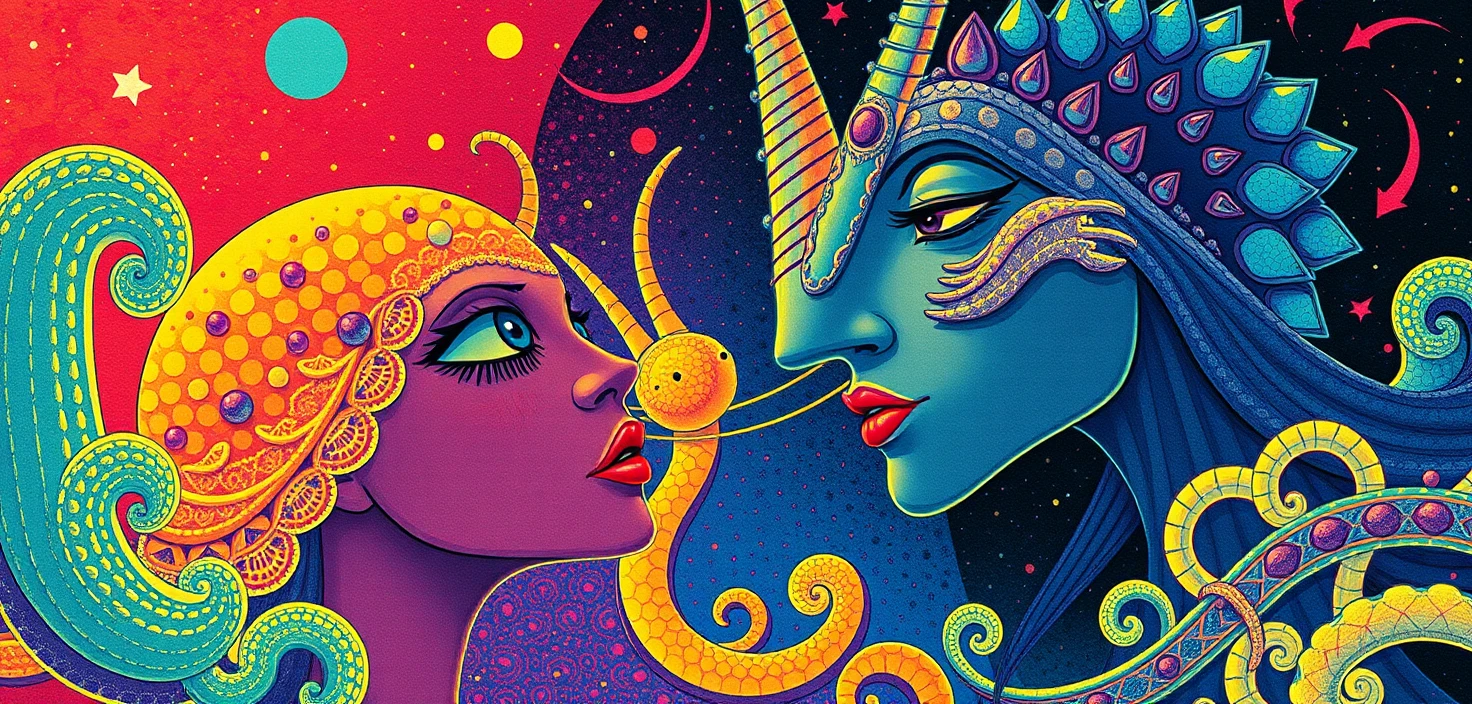 Playful fantasy characters in bold retro graphic style