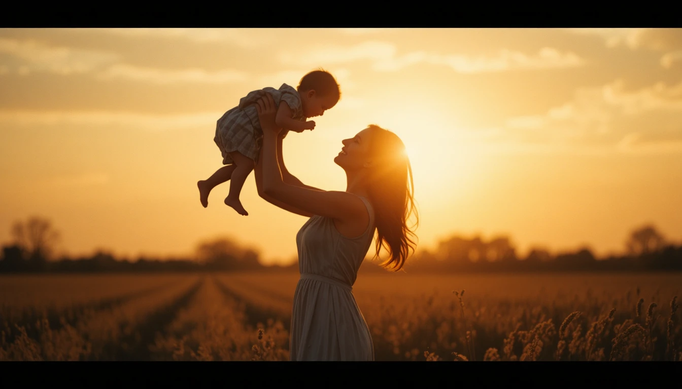 Madre che solleva il bambino in silhouette in un campo all’ora d’oro