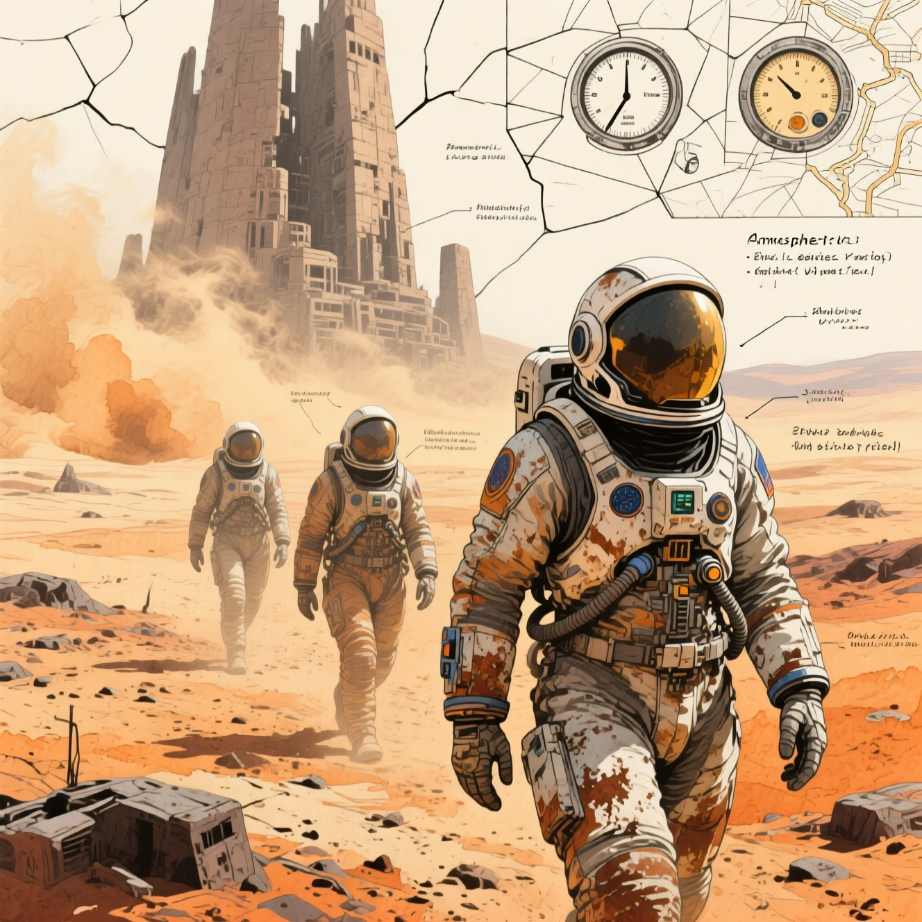 Des astronautes traversant un paysage alien désertique en panneaux de graphite