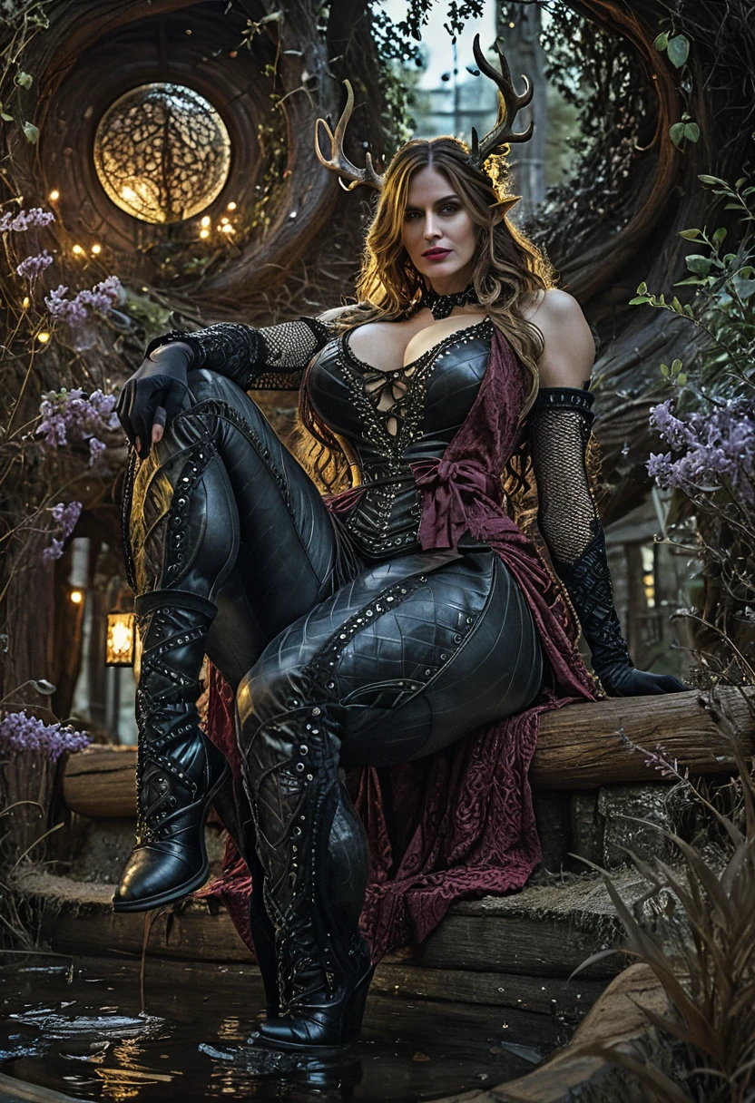 Gothic winged sorceress sleeping in a moonlit forest