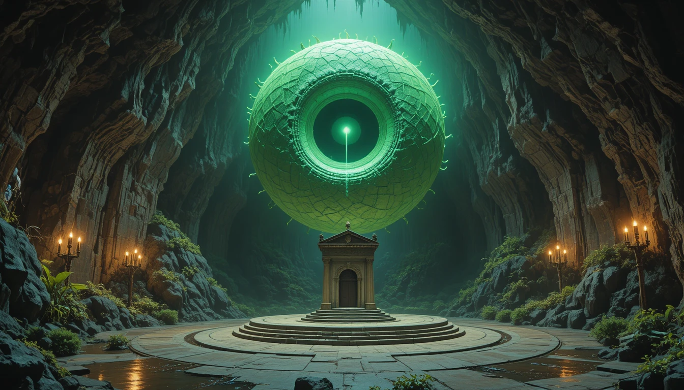 Criatura ominosa com tentáculos e olho sobre altar em caverna de cristal