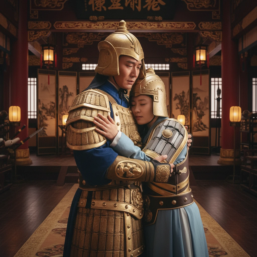 Chinese warrior couple in golden armor in palace hall