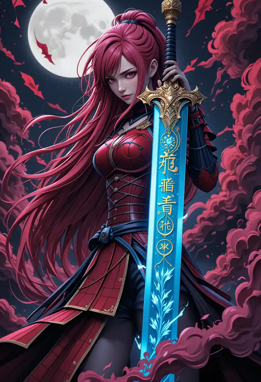 Red haired armored swordswoman with giant obsidian blade