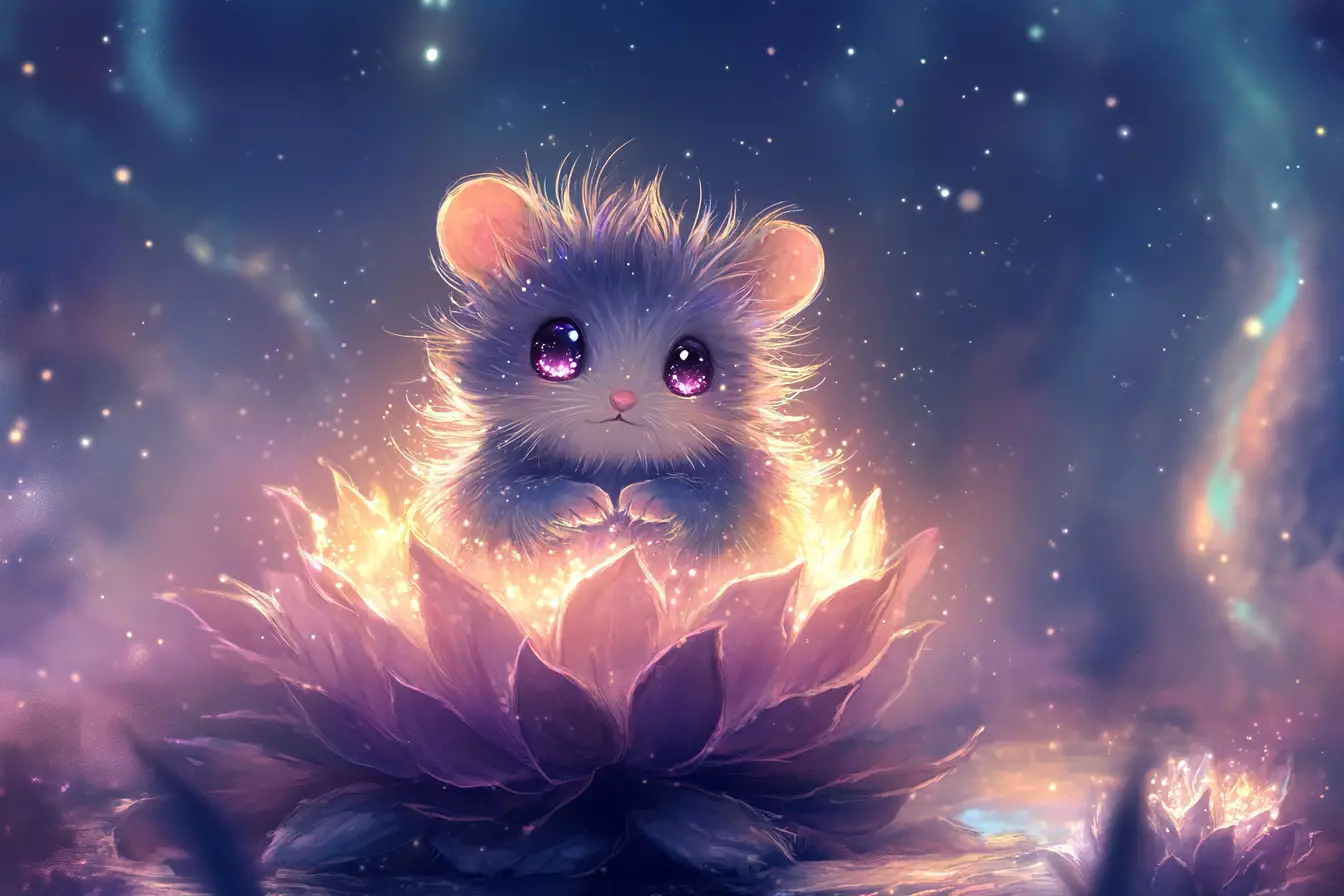 Kawaii chibi cactus mouse glowing on a moonlit flower