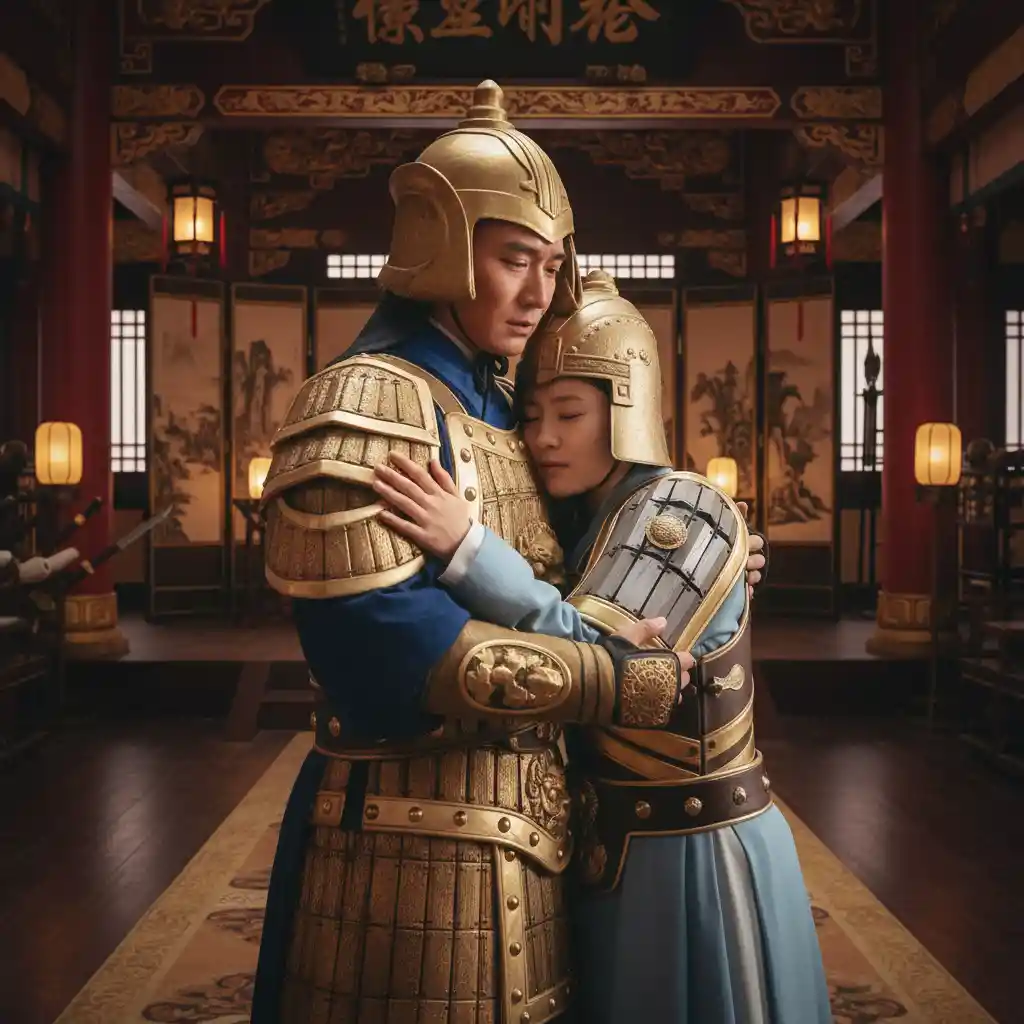 Chinese warrior couple in golden armor in palace hall