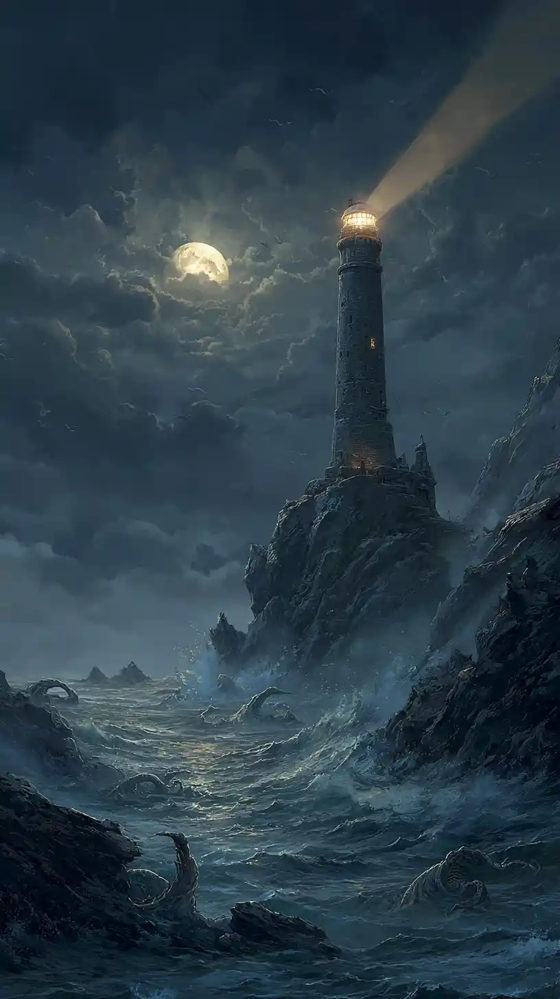 Antiker Leuchtturm über stürmischer See unter einem Vollmond