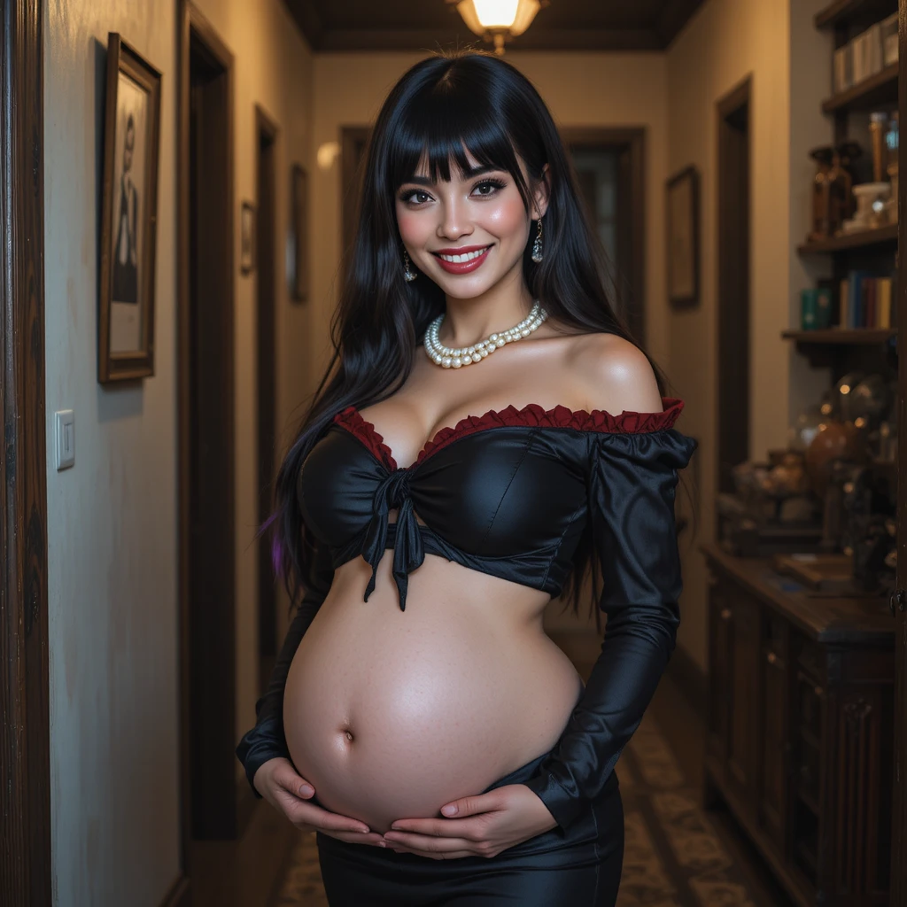 長い黒髪と妊娠したお腹を持つゴス系日本人モデル