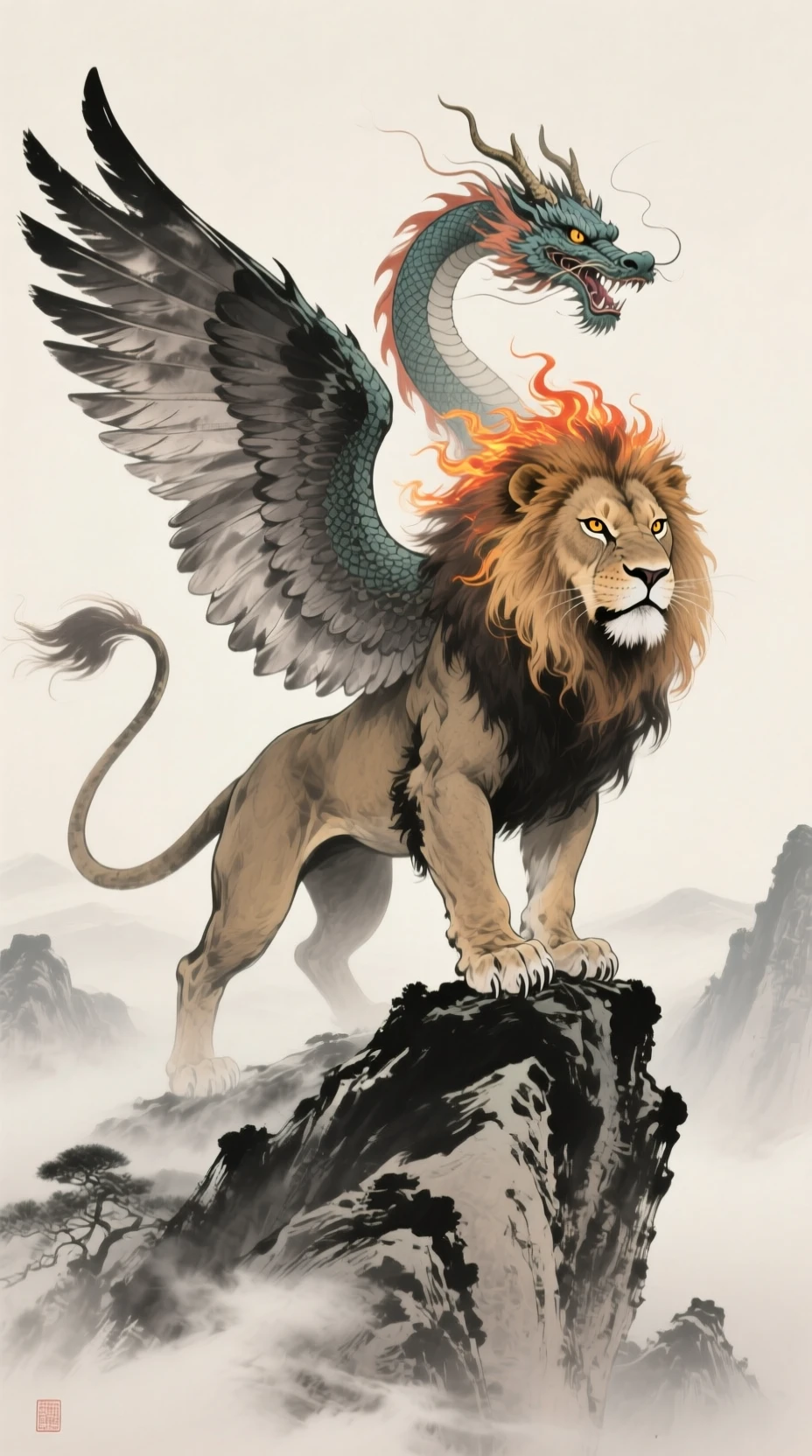Majestic winged lion with dragon form atop misty mountain