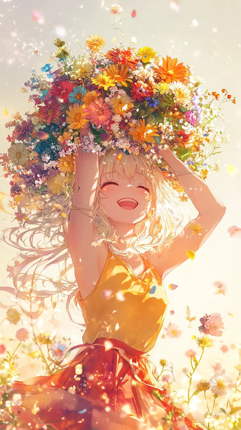 Anime girl smiling with flowers balanced on her head