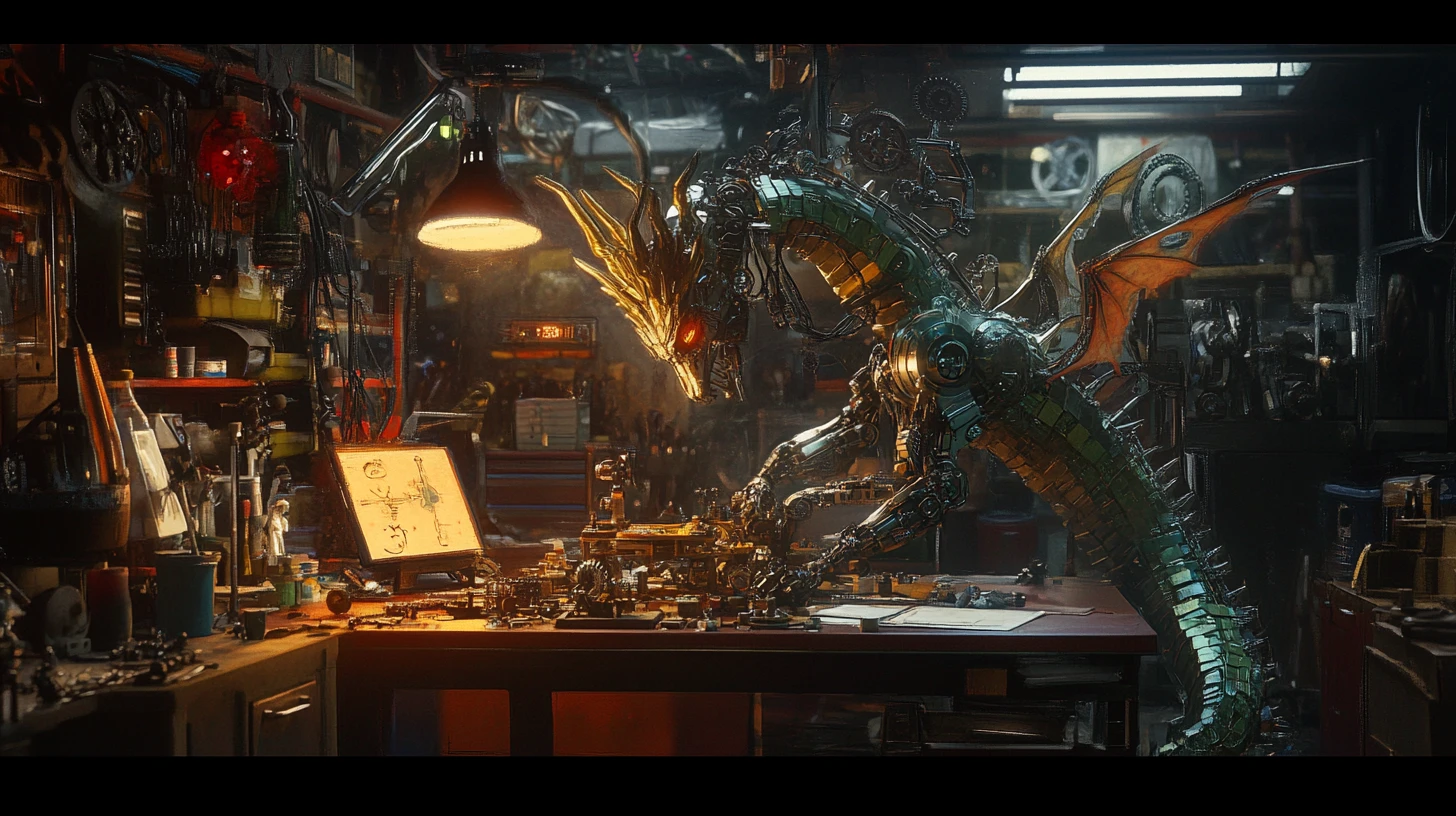 Cybernetic imp crafting a tiny clockwork dragon in workshop