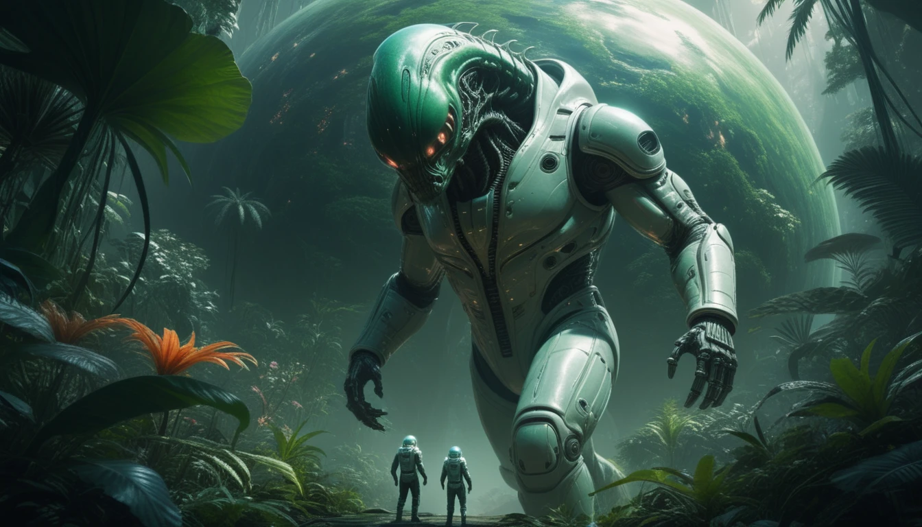 Gigantic Biomechanical Alien Striding Through Lush Jungle World
