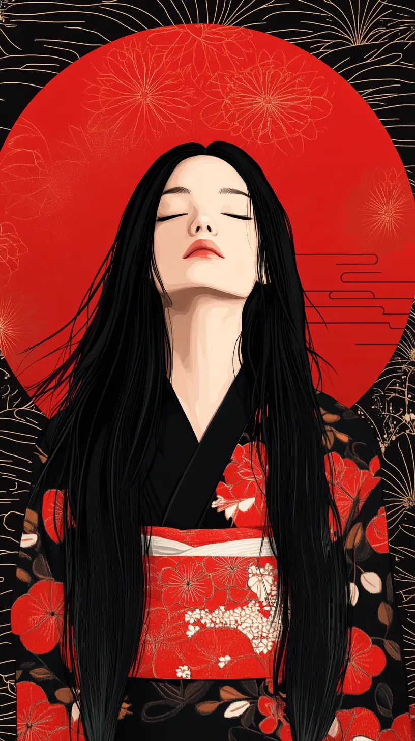 Donna giapponese in kimono che medita in stile ukiyo-e minimalista