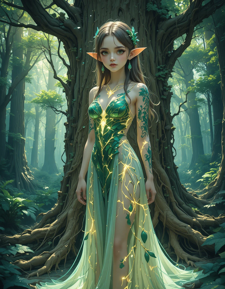 Elven girl with glowing tattoos in a sacred magic forest