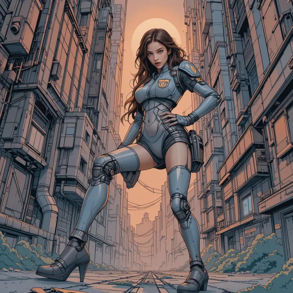Cybernetic police woman surveying a crime scene platform